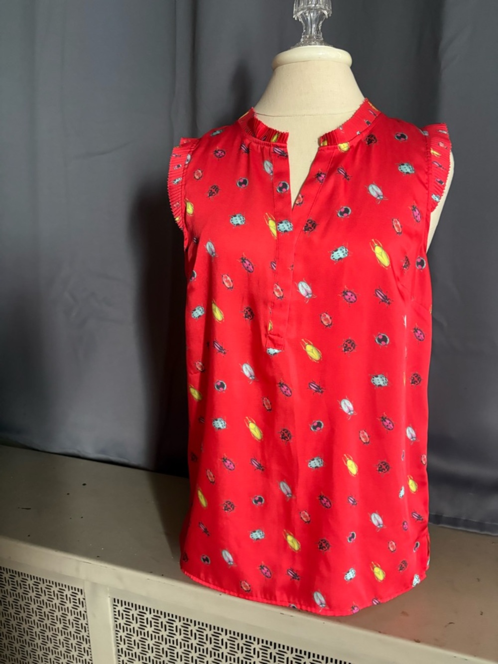 Talbots Red Sleeveless Blouse Beetle Bug Print